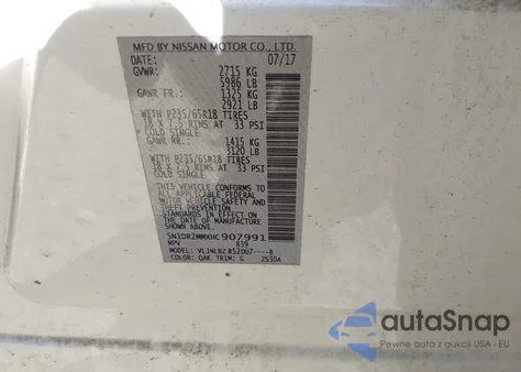 2017 Nissan Pathfinder S z USA, uszkodzony, nr VIN 5N1DR2MMXHC907991